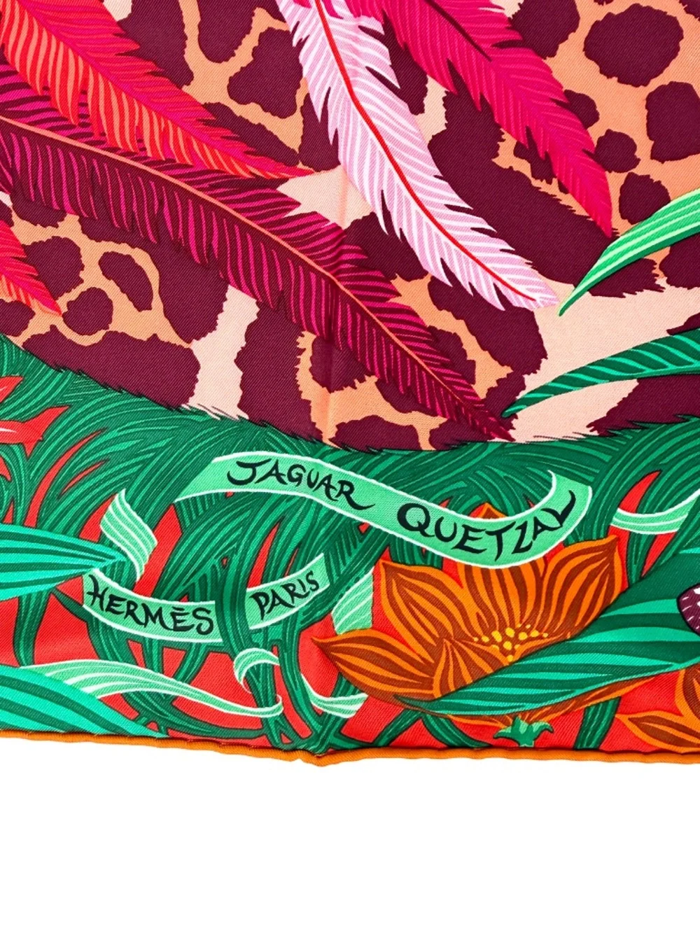 HERMES Jaguar Quetzal Square 90 cm Green Fuchsia Bordeaux Silk Scarf